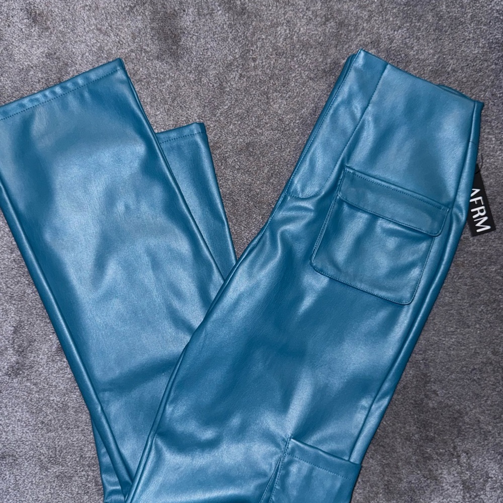 AFRM Teal Faux Leather Straight-Leg Pants - Picture 2 of 4